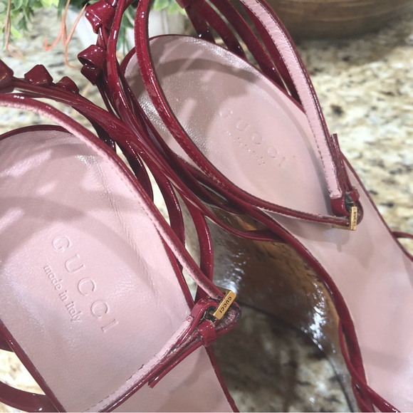 Gucci Alice Red Patent Leather Knot Strappy Platform Cork Sandal Wedges 40 - Picture 6 of 13
